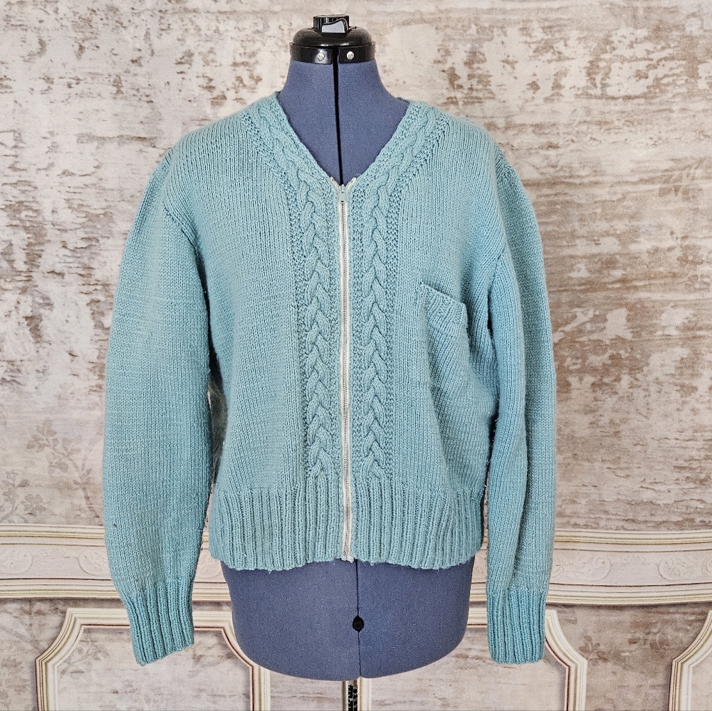 Vintage 1950s M Cardigan Sweater Zipper Blue Acrylic Knit 50s Women's Distressed